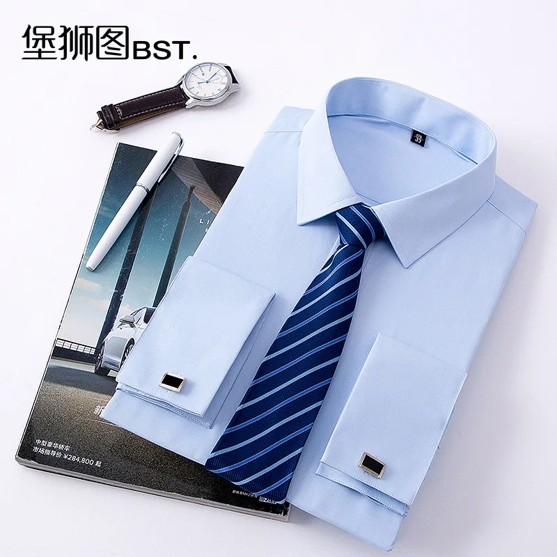 Autumn and Winter 2023 Social High Quality New Cotton French Dress shirt Men\'s Long Sleeve Business Fit Casual Solid