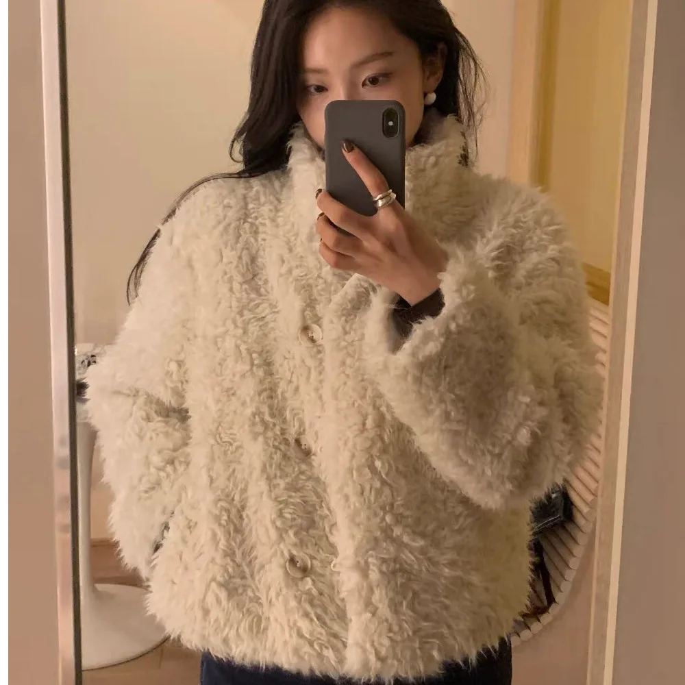 Autumn Winter Sheep Curly Hair Faux Fur Coat Loose Long Sleeve Lazy Style Casual Fashion Women's Outerwear Polyester Fiber