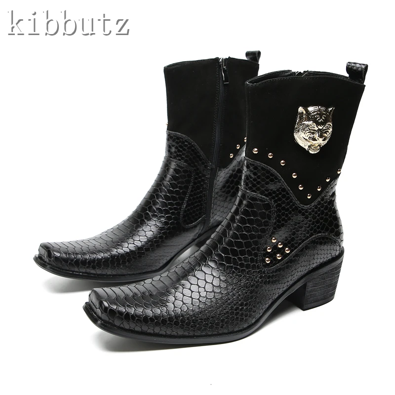 Rivet Black Snakeskin Chelsea Ankle Boots for Men Genuine Leather Metal Decor Men\'s Shoes High-Top Work Boots Autumn Footwear