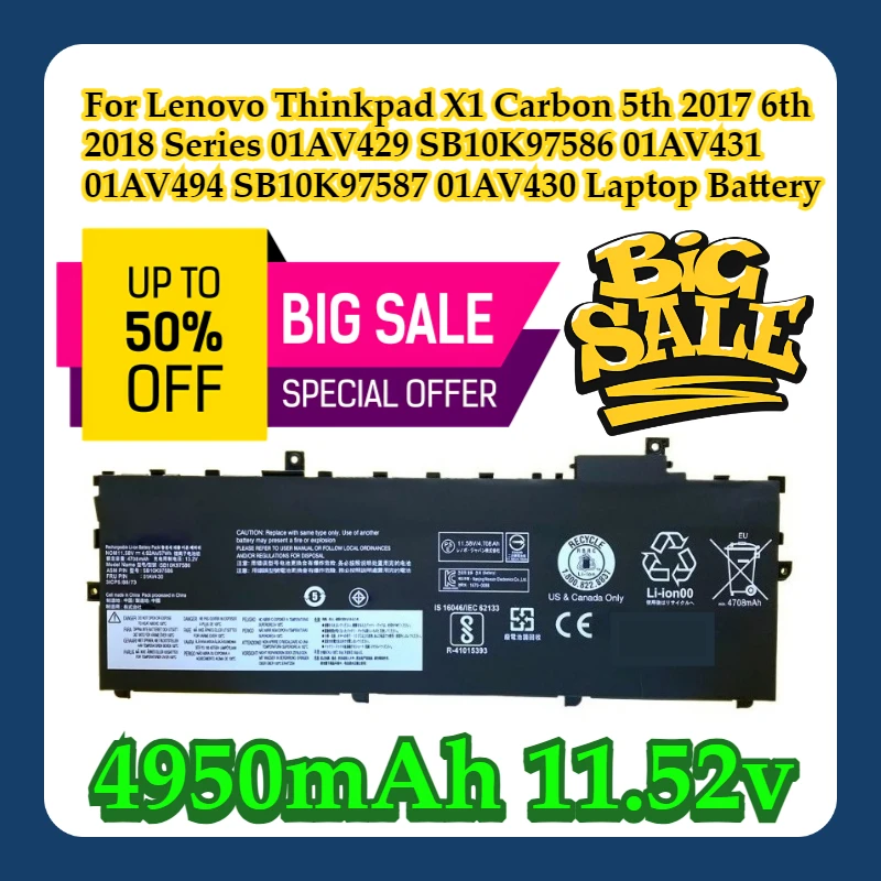 

For Lenovo Thinkpad X1 Carbon 5th 2017 6th 2018 Series 01AV429 SB10K97586 01AV431 01AV494 SB10K97587 01AV430 Laptop Battery