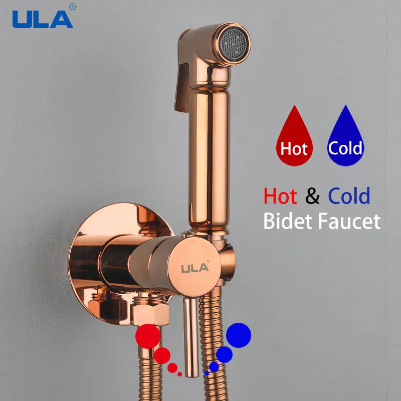 

ULA Rose Gold Brass Bidet Faucet Hot Cold Mixer Handheld Toilet Bidet Bathroom Set Shattaf Sprayer Portable Hygienic Shower