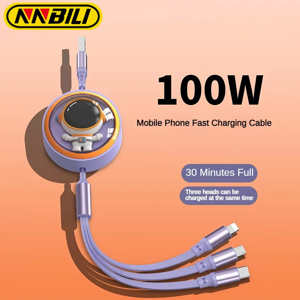 NNBILI 100W Super Fast Charging Data Cable 3 in 1 Suitable for iPhone Huawei Samsung OPPO Mobile Phone Telescopic Charging Cable