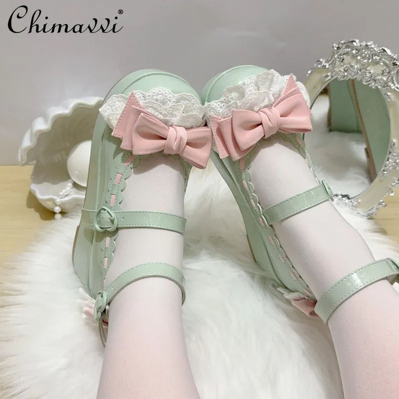 

Original Sweet Girls Chunky Sole Lace Bow Round Toe Princess Shoes Spring Summer Cute Student Elegant Lolita High Heels Pumps