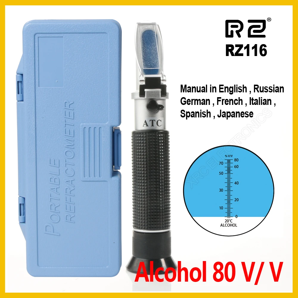 RZ Alcohol Refractometer Alcoholometer Spirit tester 0~80%V/V ATC Tool RZ116 concentration spirits meter Alcohol Refractometer