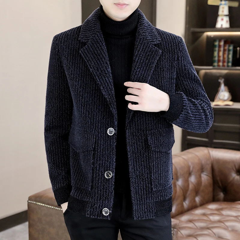 Winter Wool Blends Jackets Men Thicken Keep Warm Coats Fashion Lapel Striped Casual Business Trench Coat Streetwear Overcoat