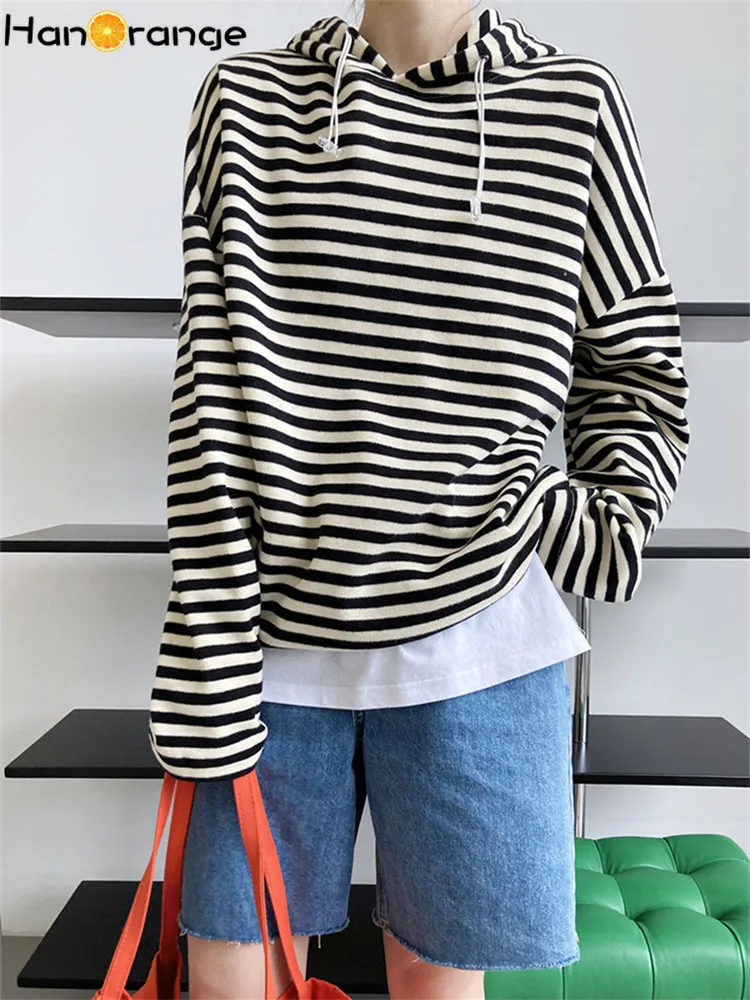 HanOrange Vintage Striped Pullover Hoodies Women's Spring 2024 Spring Ins Casual Loose Hooded Sweatshirt Top Retro Female