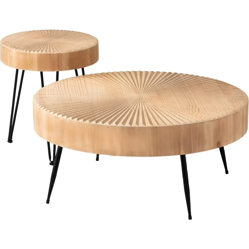 Conjunto de mesa de centro moderna para sala de estar, 2 peças, mesa de aninhamento, acabamento natural redondo com padrão radial de madeira artesanal