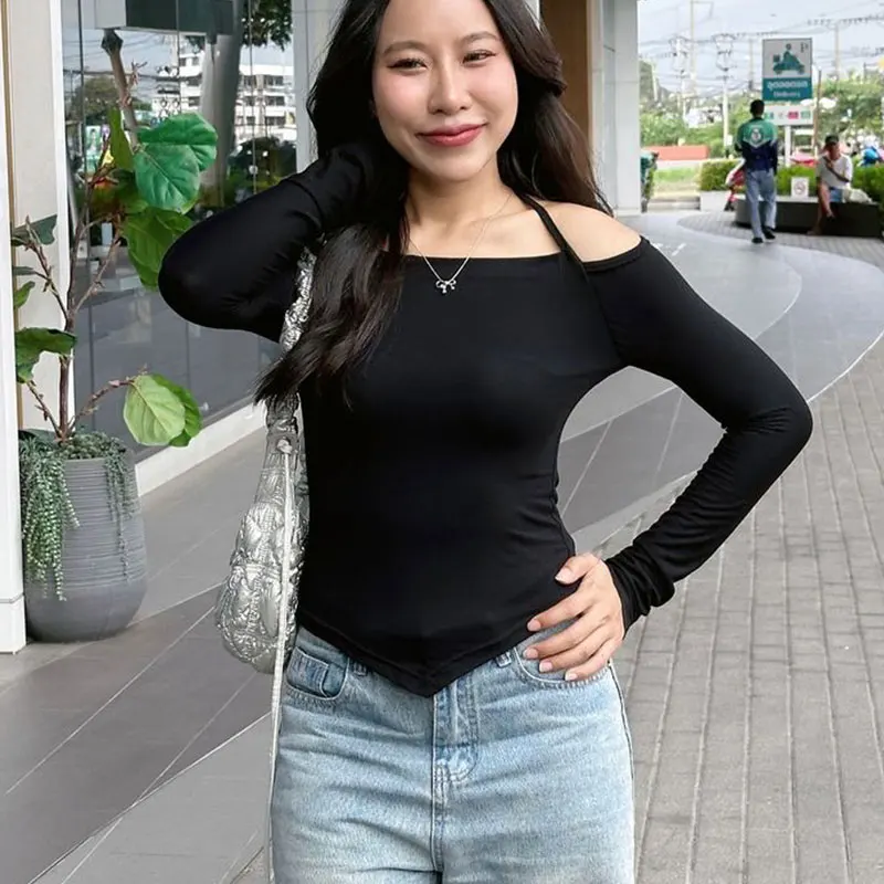 

GELITAYIN New Autumn Women T-shirt Sexy Black Off Shoulder Tees Streetwear Fashion Long Sleeves Casual Slim Elegant Lady Versati