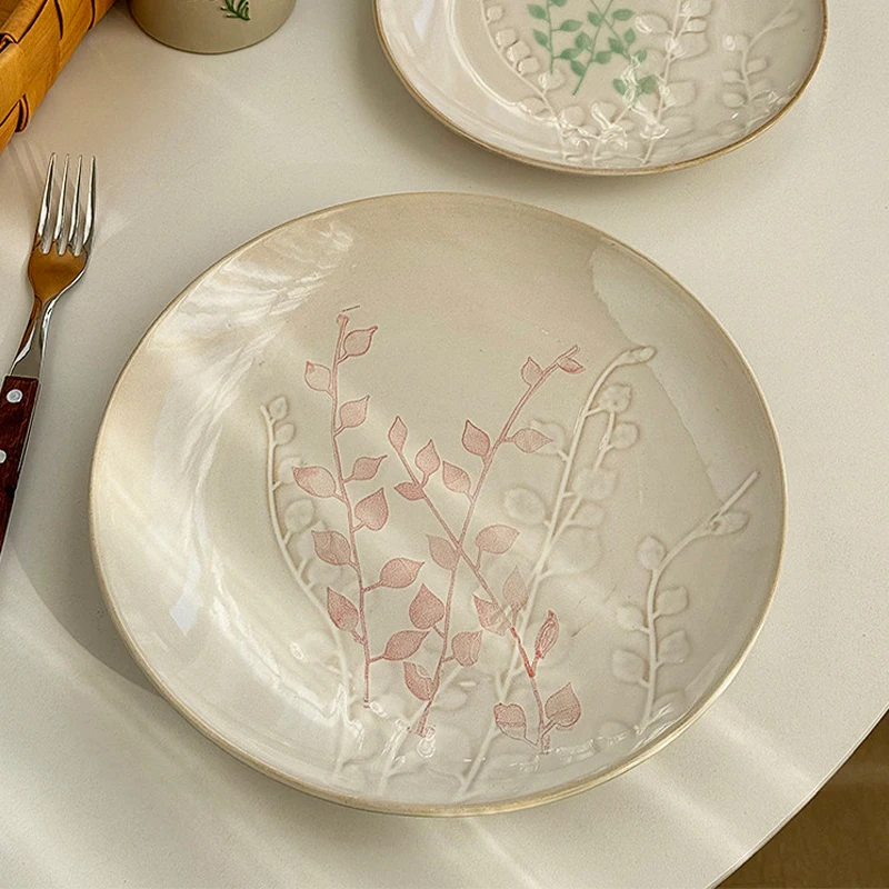Blade Relief Ceramic Plate 2026 New Household 8 Inch Countryside-style Dessert Dishes High Aesthetic Round Dinner Tableware
