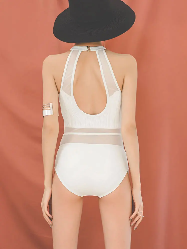 White Conservative One-Piece Swimsuit for Women Thermal Spring Suitable Hanging Neck Design Slimming Appearance Ideal for Swi...