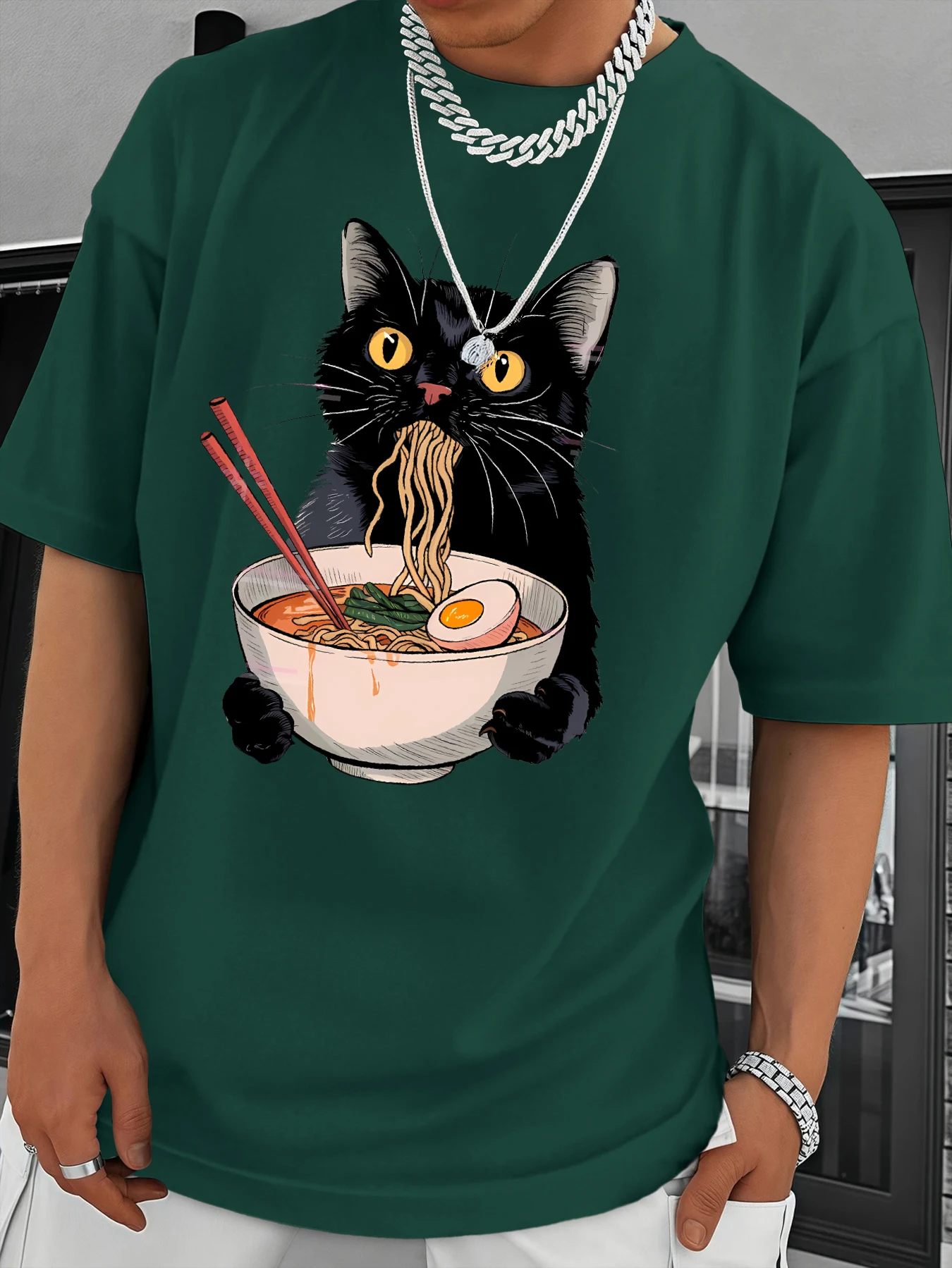 Men's Black Cat Eating Ramen Print T-Shirt Casual Streetwear Oversized O-Neck Short Sleeve Graphic Tee Tops  S-XXL