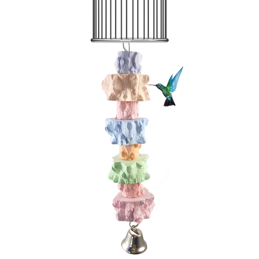 Birds Colorful Grinding Calcium Stone Parrot Chewing Toy With Bells Metal Hook Bird Cage Accessories