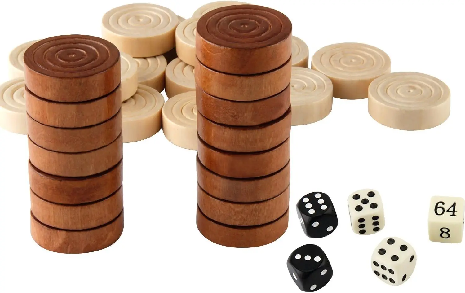 Thread Wooden Checkers Pieces Nature Wood Backgammon Pieces with Drawstring Bag, 5 Dices Included