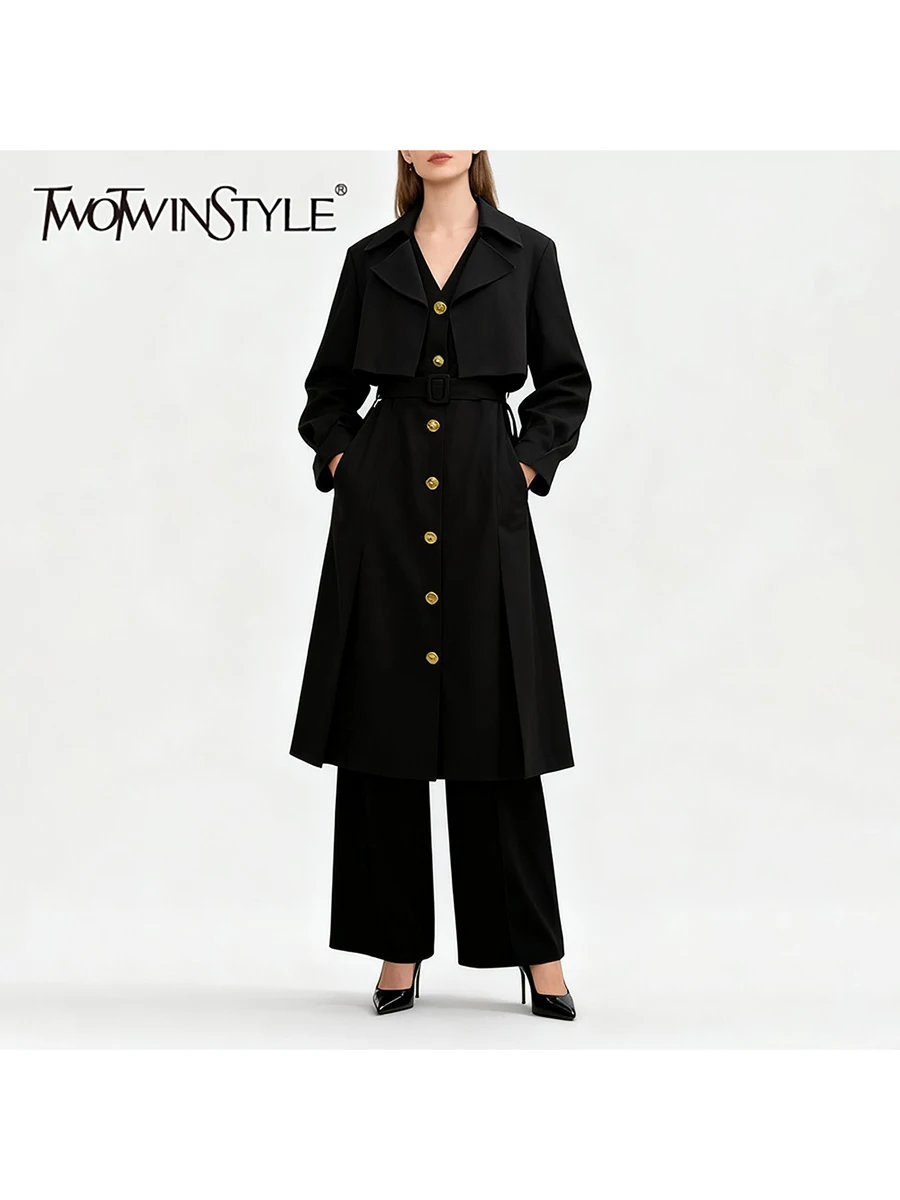 

TWOTWINSTYLE однотонные утягивающие базовые плащи на шнуровке для женщин с лацканами и длинными рукавами, лоскутный костюм на пуговицах, женский плащ, новый