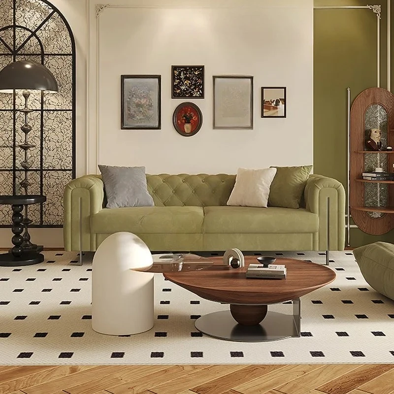 light luxury sofa pull button small apartment living room simple Hong Kong style  straight row fabric sofa