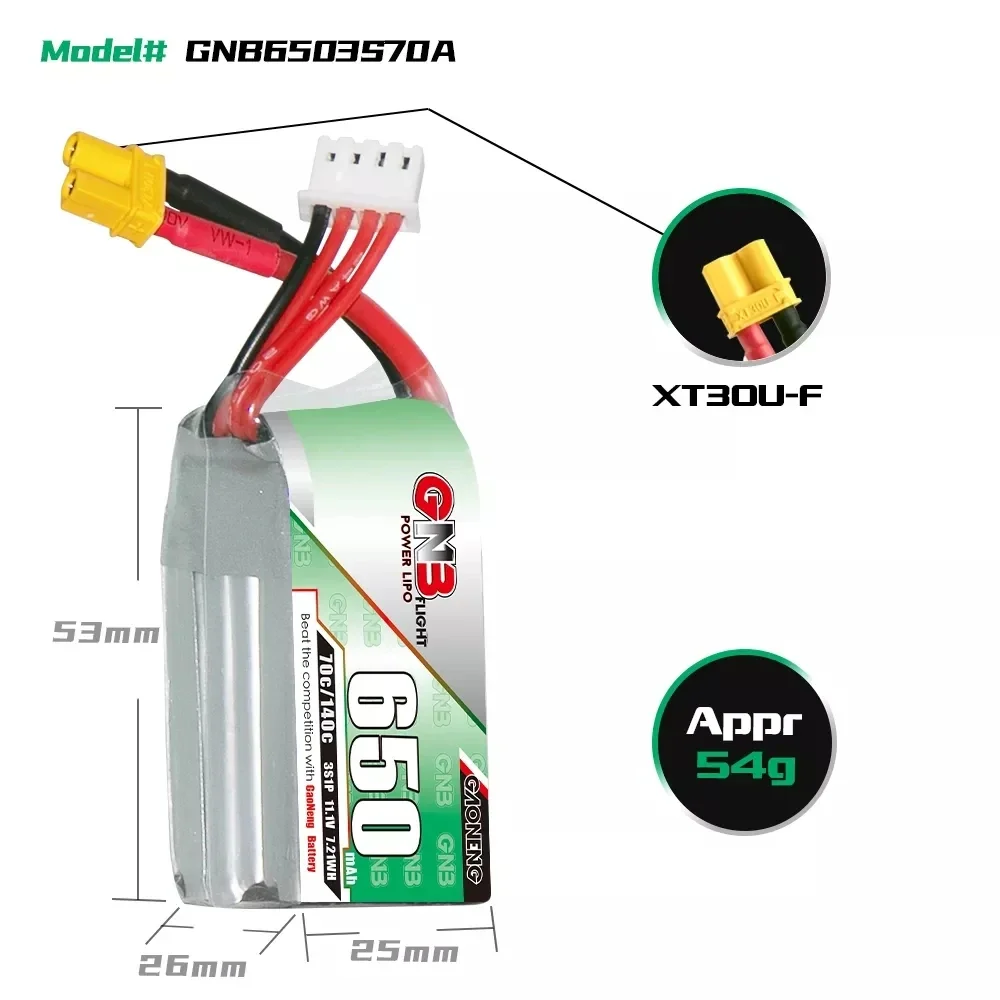 Gaoneng GNB 650mAh 2S 7.4V 3S 11.1V 4S 14.8V 5S 18.5V 6S 22.2V  70C Lipo Battery With XT30 Plug for RC FPV Racing Drone