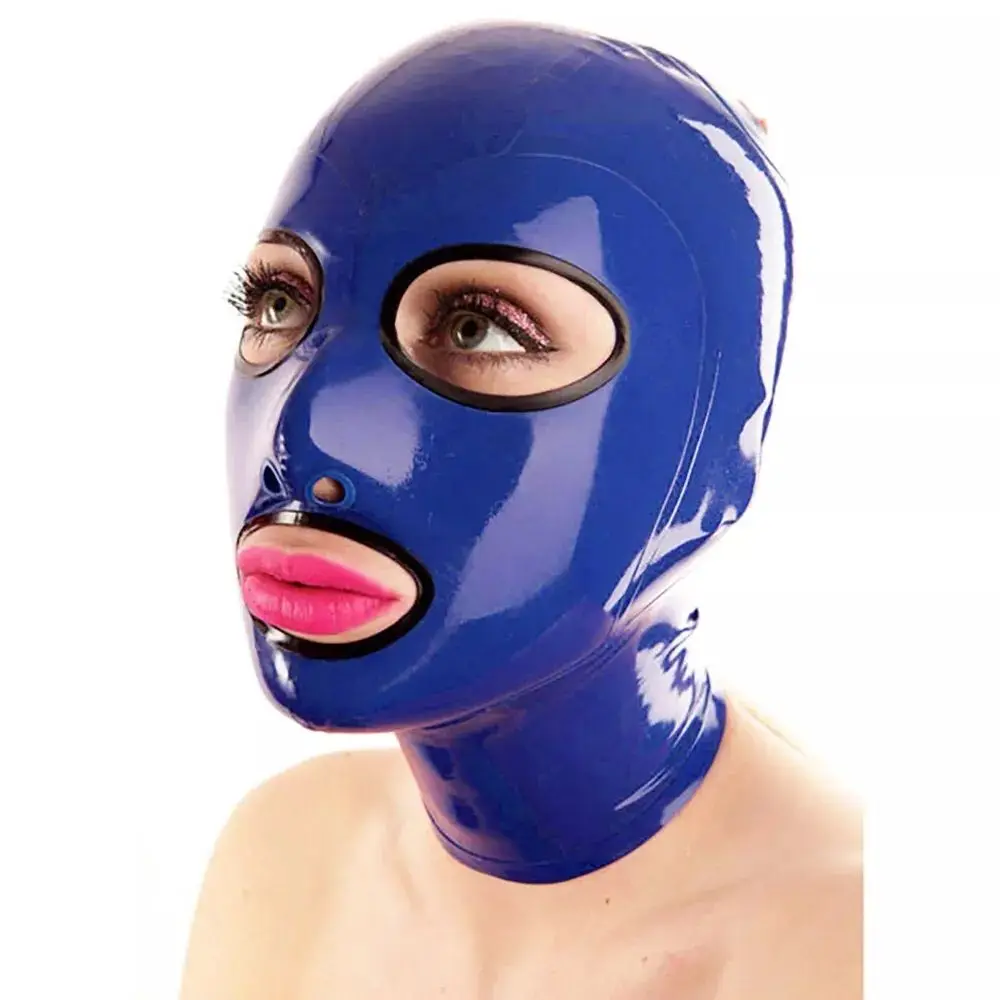 

Latex Dark Blue latex gummi mask open eyes mouth nose with black trims 0.4mm