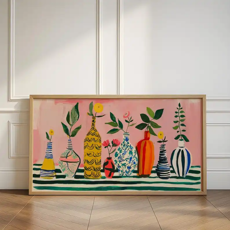 

2D/Flat Modern Matisse Colorful Vase Still Canvas Wall Art, Frameless Minimalist Wall Art Prints for Living Room & Bedroom Decor