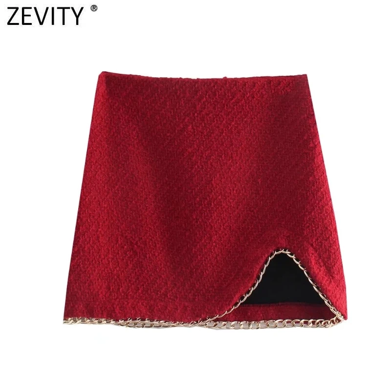 Zevity Women High Street Hem Chain Design Front Split Woolen Mini Skirt Faldas Mujer Ladies Back Zipper Chic Slim Vestido QUN949