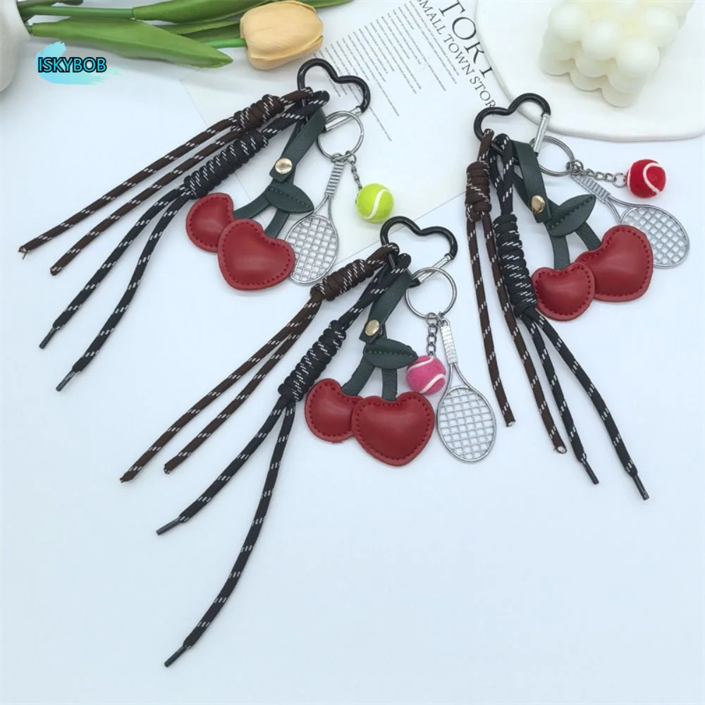

Girl Heart Braided Rope Keychain Anti-Lost Hand-Woven Cherry Shaped Bag Pendant Handmade Aesthetically Tennis Racket Key Chain