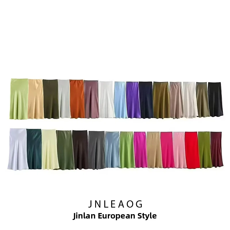 JNLEAOG Autumn New Style Women's Silk Satin Texture Midi Skirt French Style  Color Casual High Waist A-Line Skirt