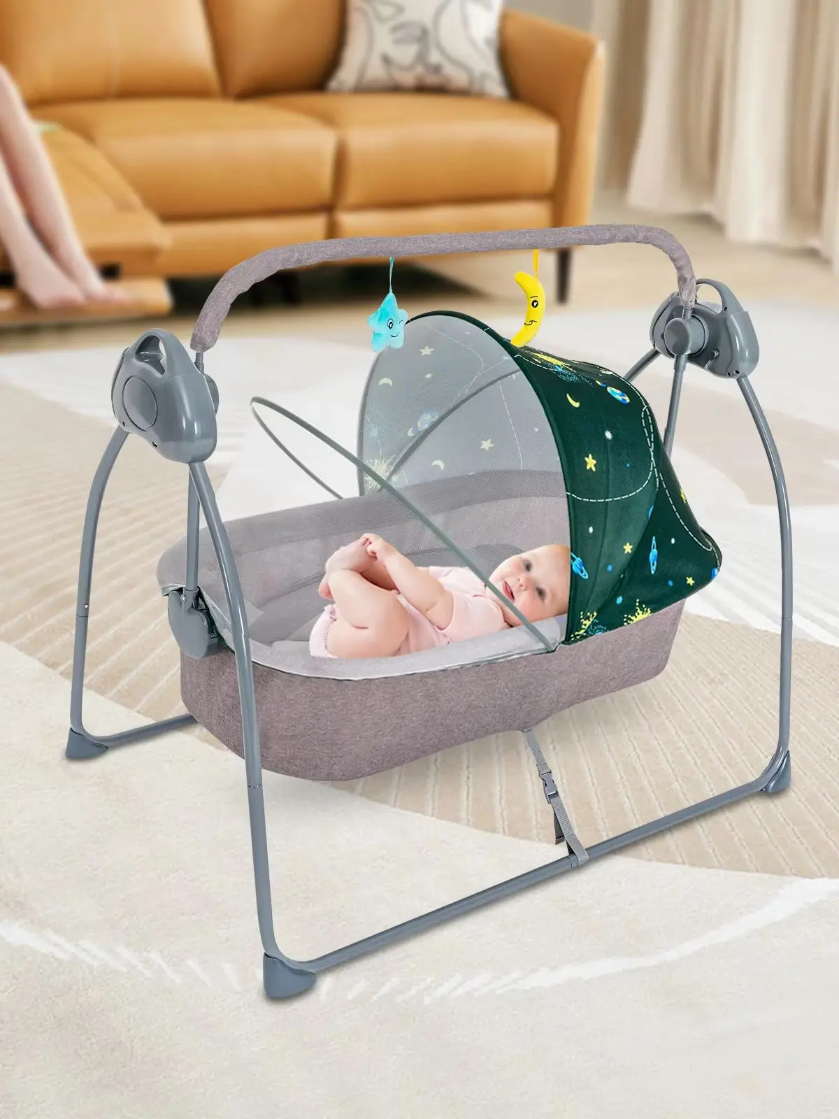 Baby-Wiegeschaukel, elektrische automatische Schaukel, 5 Geschwindigkeitsstufen, verstellbar, Bluetooth, USB-Musikplayer, Fernbedienung, Timing-Funktion, faltbar, 55 Pfund Tragkraft, hautfreundliches