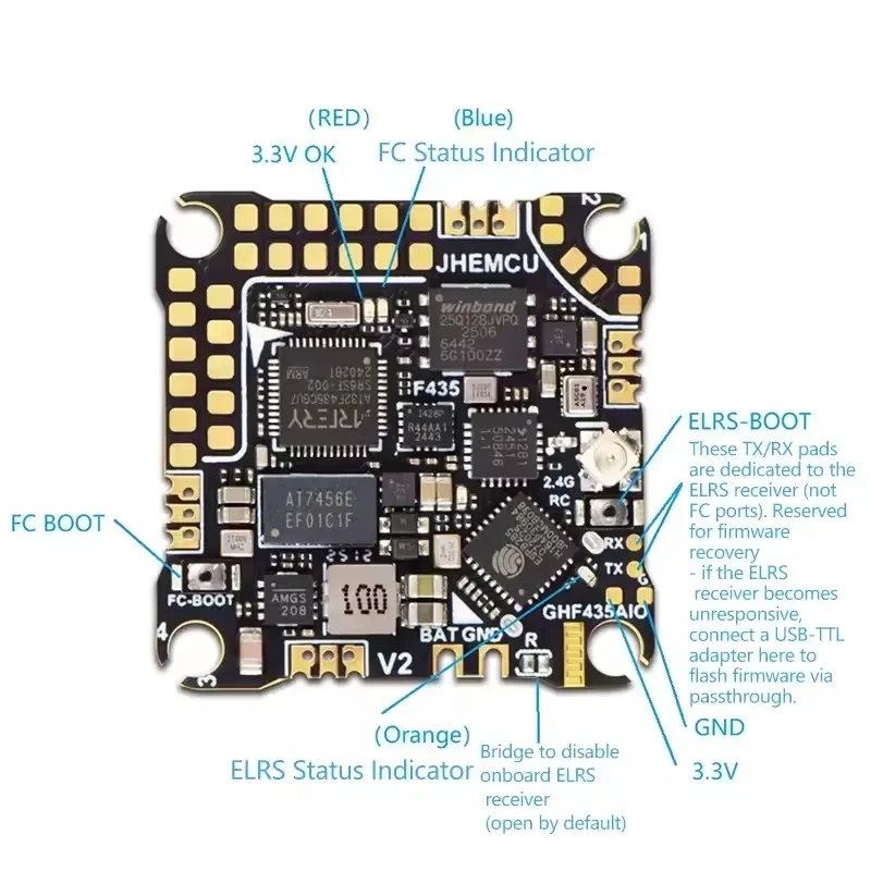JHEMCU GHF435AIO V2 20A AIO Flugcontroller, 2-4S mit OSD Baro Blackbox & Integriertem ELRS 2.4G für FPV Freestyle Drohne