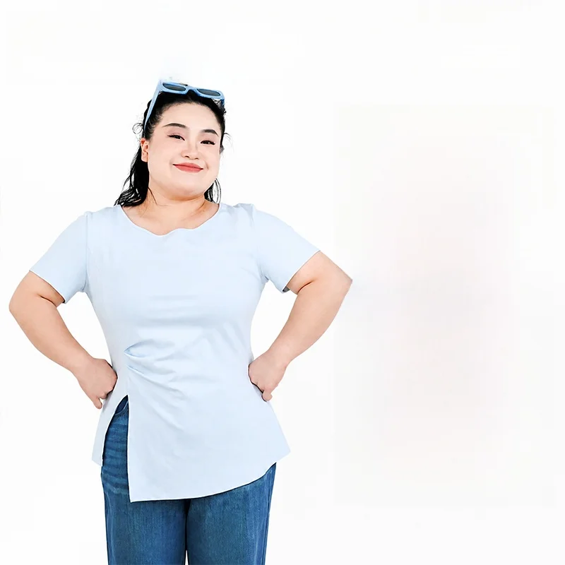 Camiseta Feminina Fuyin Boche Plus Size Assimétrica de Verão Nova com Gola Redonda em Algodão Manga Curta Confortável e Respirável T2367