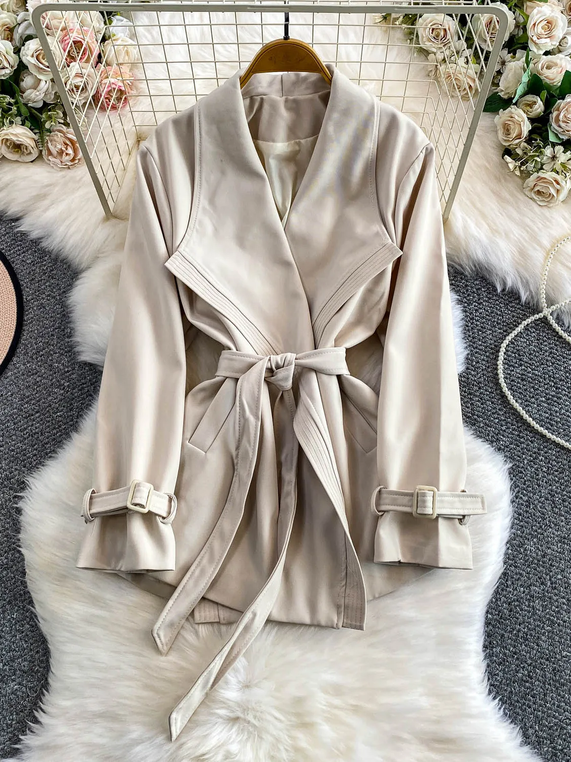 Ele Briti Sle Gürtelmantel für Damen, lockere Passform, schlankmachend, mittellang, Windjacke, Jaet Long Sve, reine Farbe, Alltagskleidung