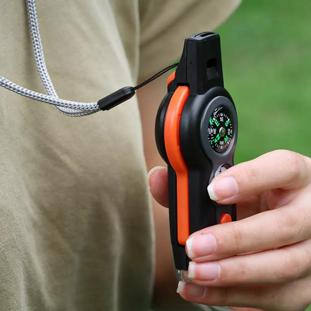  7in1 Emergency Survival Function Whistle Multifunctional Whistle for Outdoor Hiking Camping With Lanyard Compass Flashlight