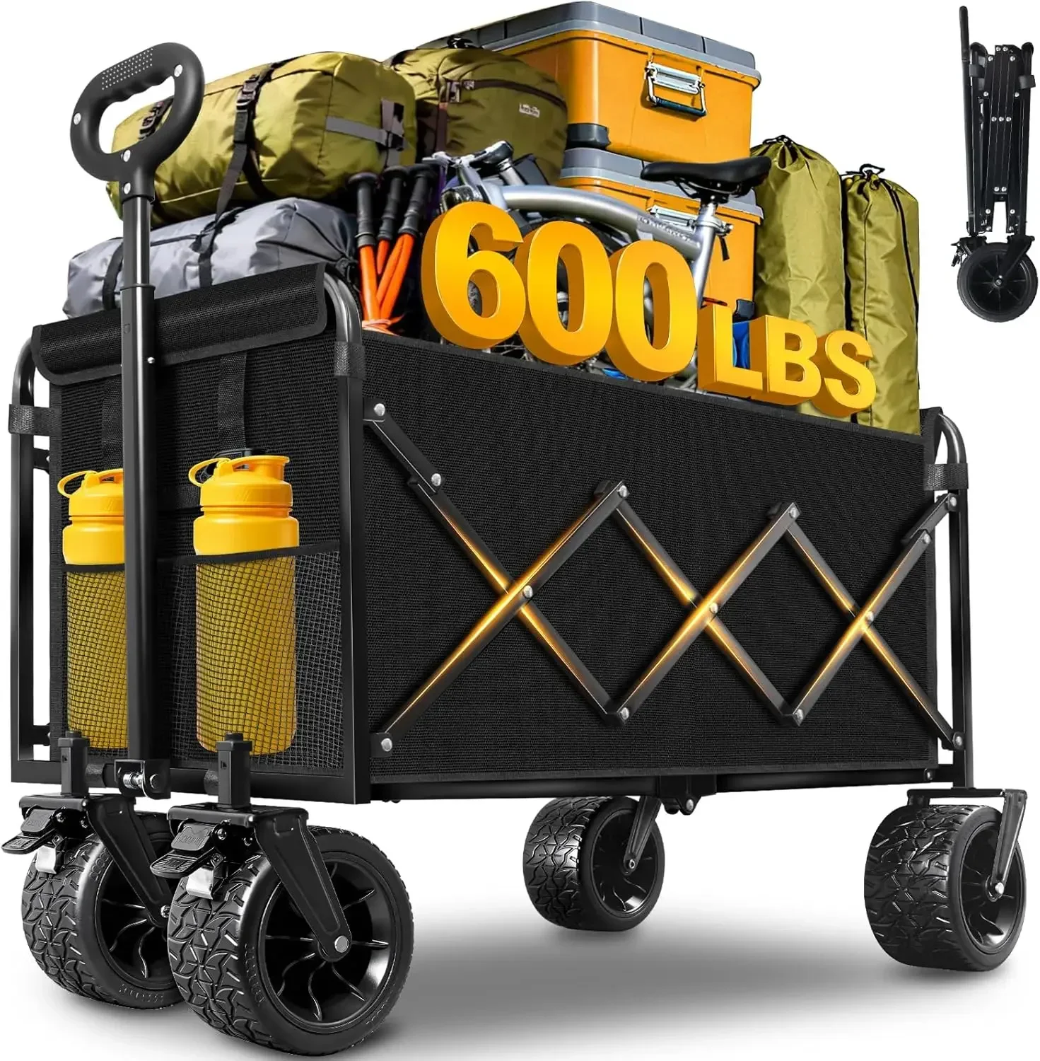 Foldable Wagon Cart with Wheels, Heavy Duty Collapsible Wagon, 600 lbs Capacity, 220L Large Capacity Utility Wagon, Dual Brakes