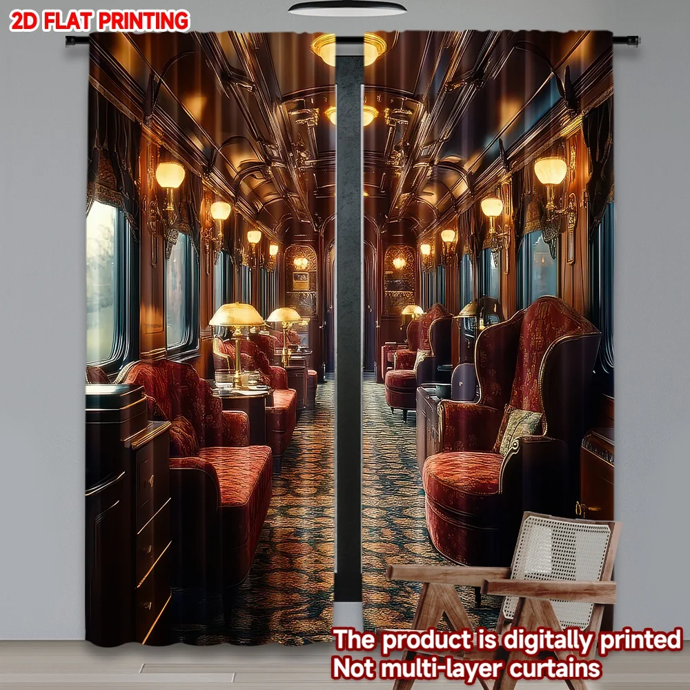 

2D flat printing 2pcs Window Treatment Curtains Vintage Train Interior Digital Printed Polyester Drapes Seasonal Party & Holiday