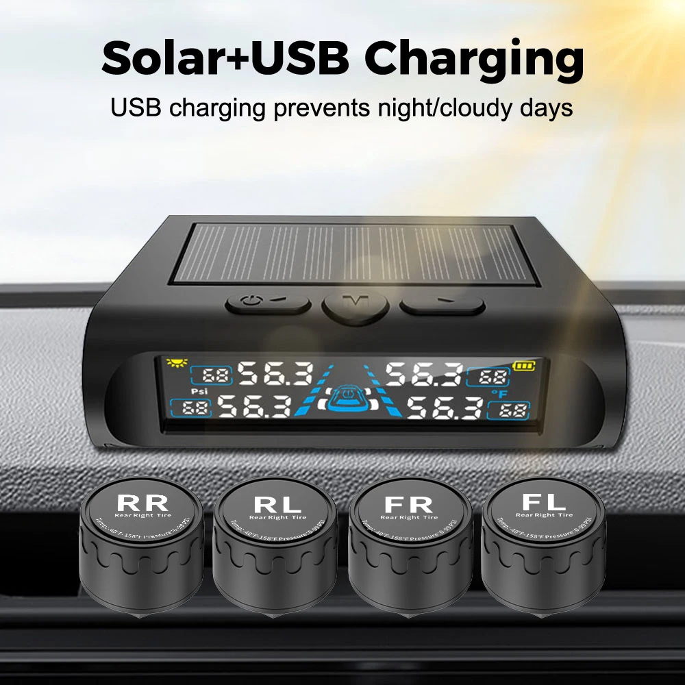 Car Security Alarm Systems Tire Pressure Monitoring Tyre Temperature Monitor ​Auto Accessories 4 Exteral Solar TPMS Universal