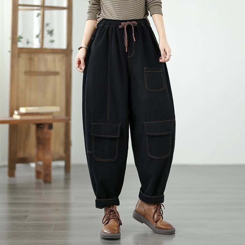 Casual Patchwork Elastic Waist Harlan Pants Multi ket  Color Long Trousers Large Size Loose Fit Cotton Blend Jeans