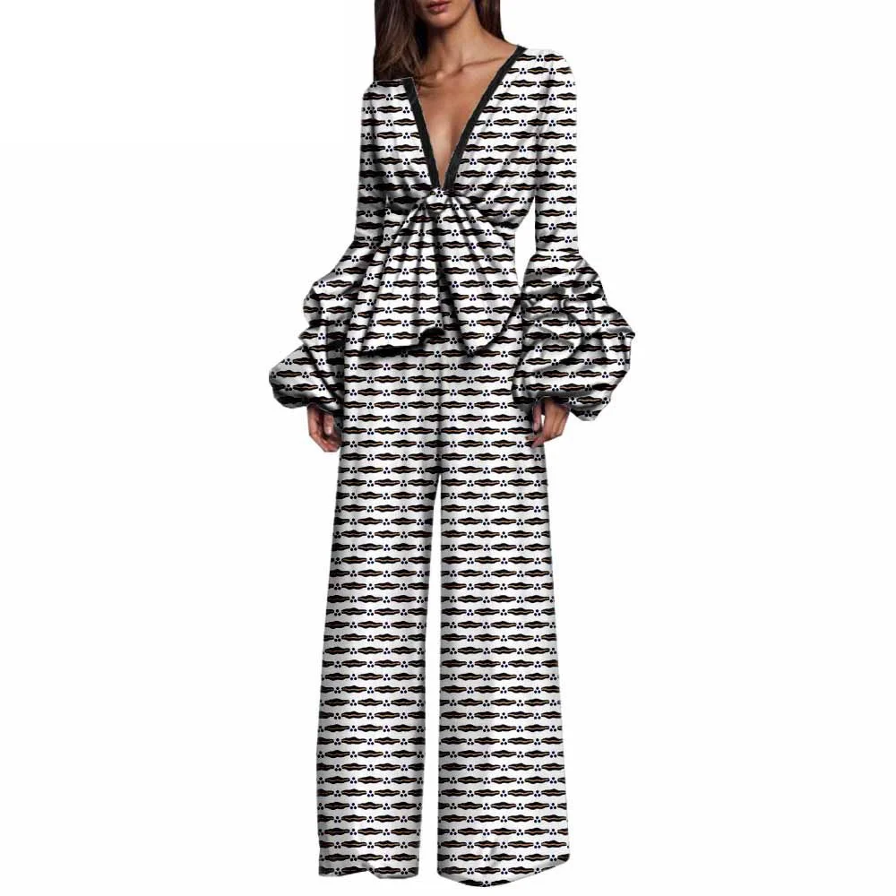 2023 Hot Fashion African Print Women Jumpsuit V-Neck spring Sexy Romper Wide Leg Pants African Ladies Jumpsuits Rompers Custom