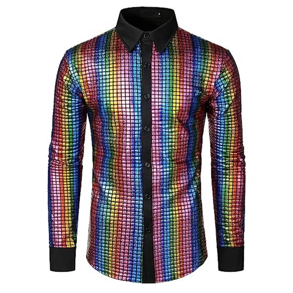 Camisa masculina vintage com lantejoulas, gola alta, para clube, dança, discoteca, performance de palco, vintage, brilhante, suave, manga longa