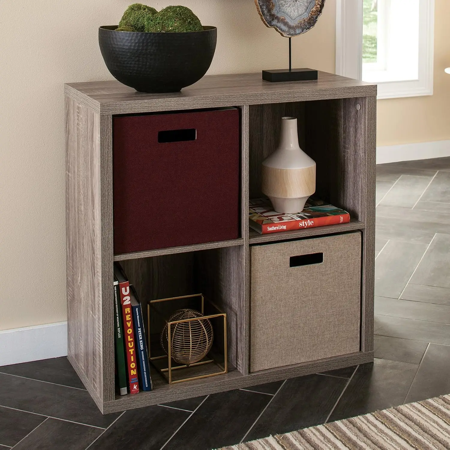 Cube Storage Shelf Organizer 4-Cube Bookshelf With Back Panel, Easy Assembly Wood Weathered Gray, Customized