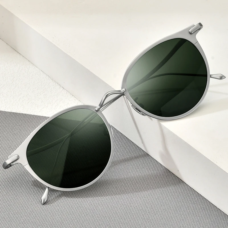 FONEX Pure Titanium Sunglasses Men Vintage Brand Design Round Sun Glasses for Women Retro Mirrored Shades 8509T