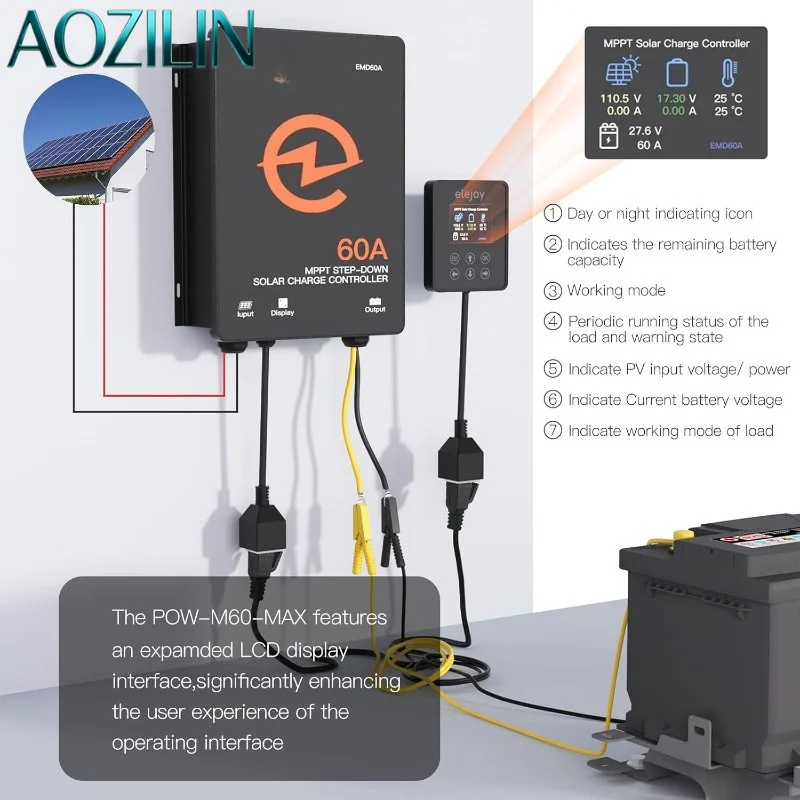 AOZILIN 60A MPPT Solar Charge Controller, 10-60V Adjustable PV Regulator for RV Photovoltaic Storage Off-Grid Solar System