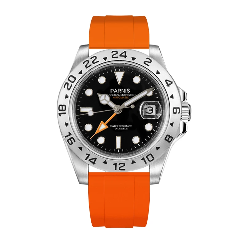 PARNIS GMT 40mm Black Dial Mechanical Automatic Men Watches Rubber Strap Orange Mingzhu 3804 Watch Master Clock 24 Hour Bezel