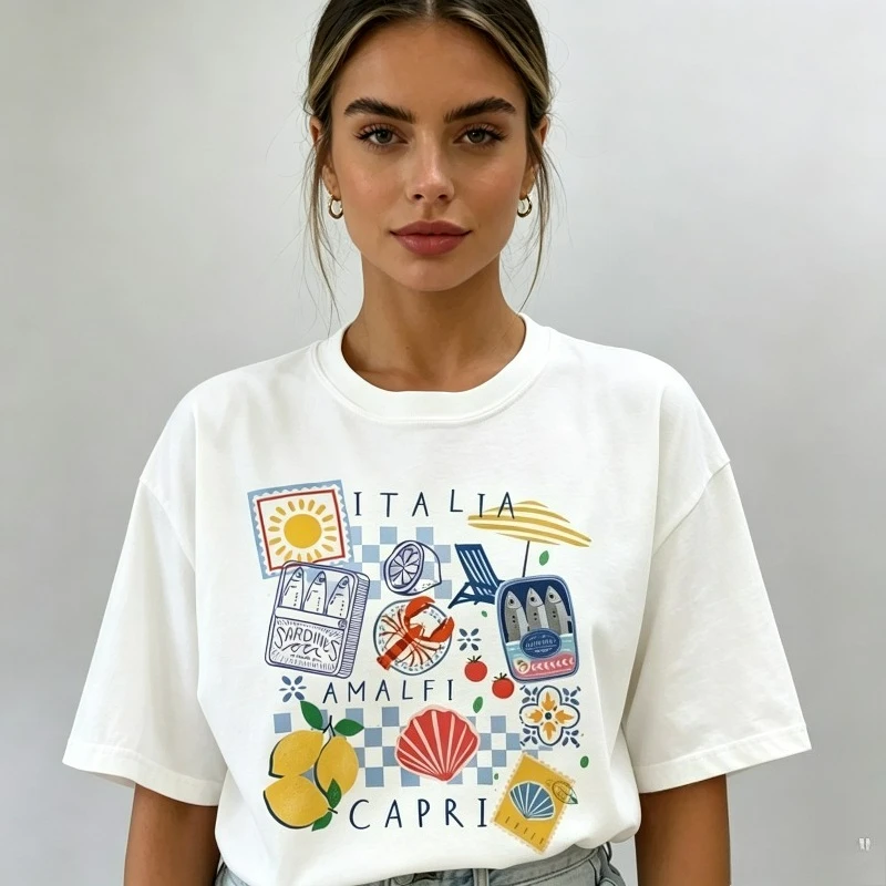 ITALIA AMALFI CAPRI T-Shirt Italian Coast Print 100% Cotton Women Summer Vacation Casual Streetwear Tee