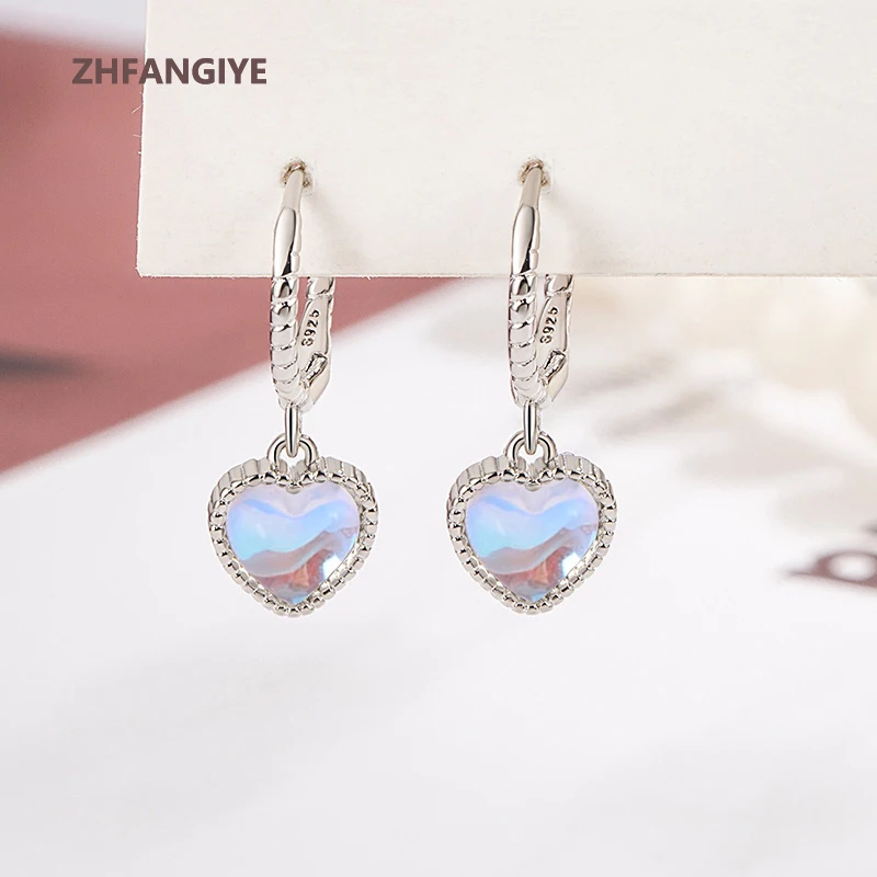 

ZHFANGIYE Korean Style Heart Shape Moon Stone Earrings 925 Silver Jewelry Accessories for Women Wedding Engagement Party Bridal