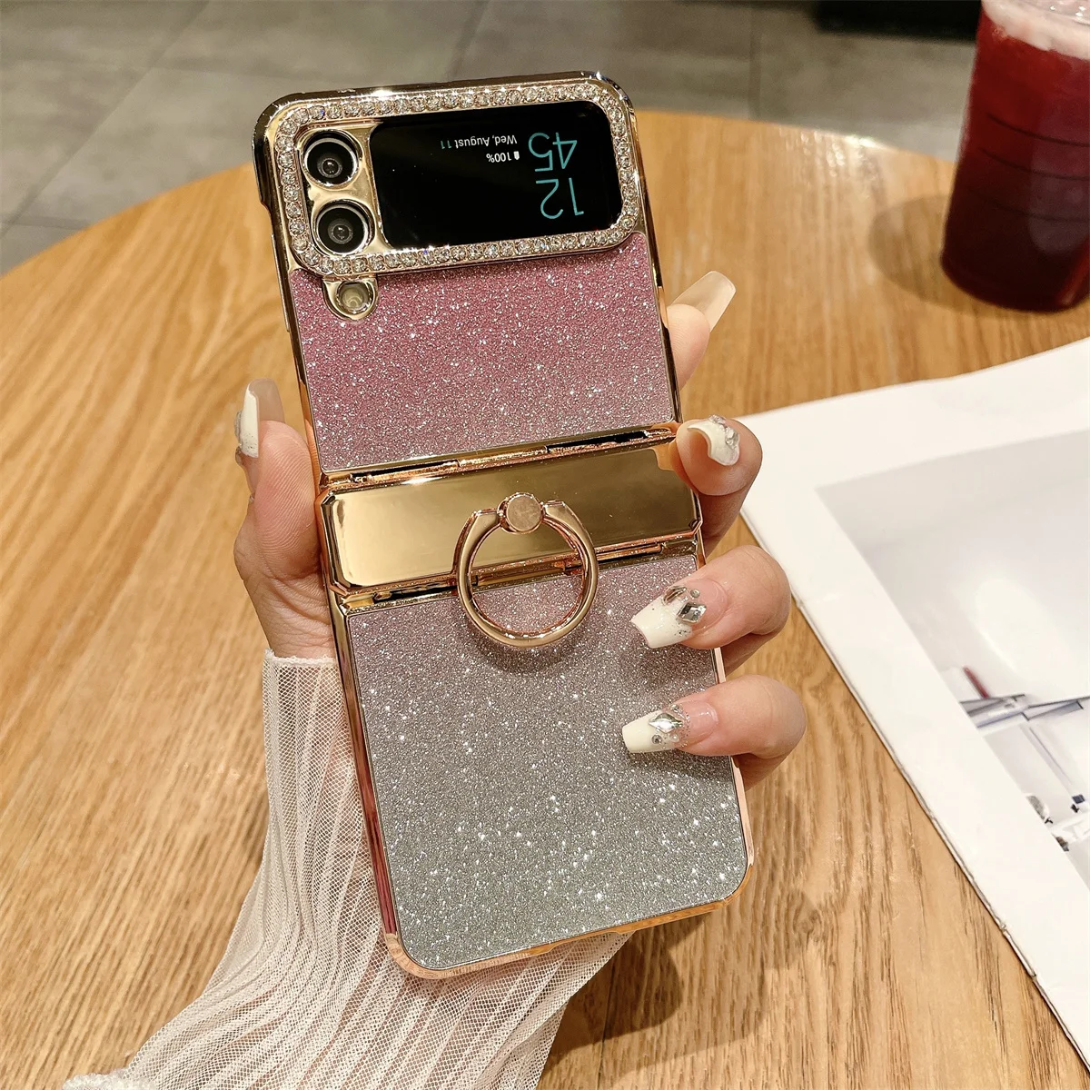 Luxury Plating PC Hard Phone Case For Samsung Z Flip 4 Flip 3 Gradient Glitter Shock-proof Full Protective Shell With Ring