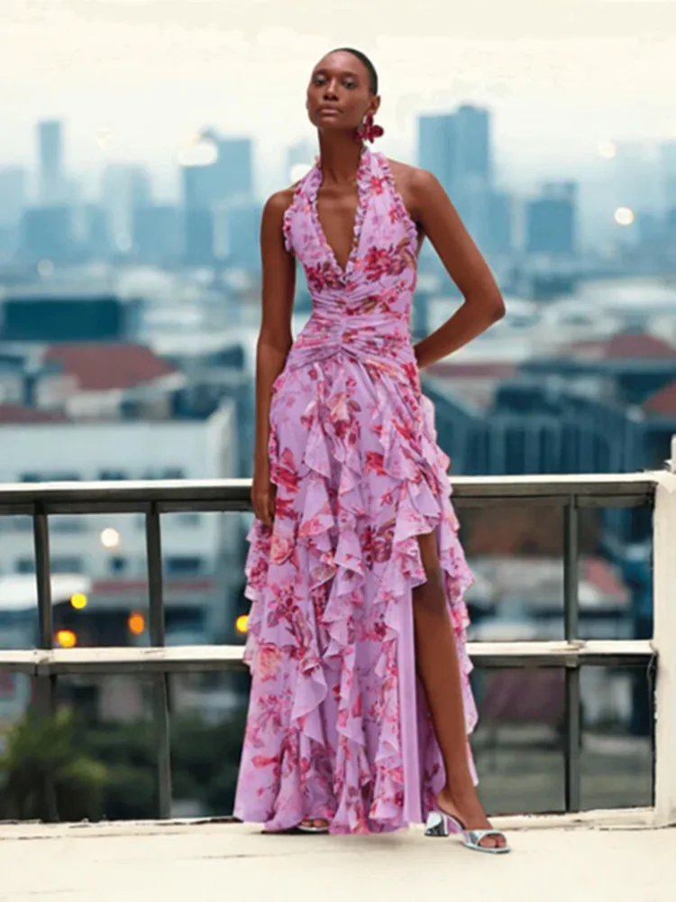 

SKMY 2026 Autumn New Women's Cloting Fashion Printed Folded Waist Dress Lace-Up V-Neck Open Back Sleeveless Dress Bohemian