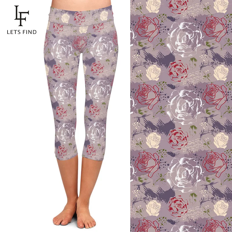 LETSFIND-mallas Capri con estampado de rosas para mujer, Leggings elásticos de cintura alta, suaves, para Fitness, de media pantorrilla