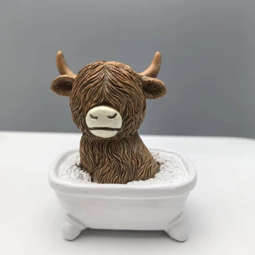 Crafts Resin Highland Cow Statue Decorative Realistic Cow Mini Figurine Cute Animal Sculpture Ornament Micro Landscape Model