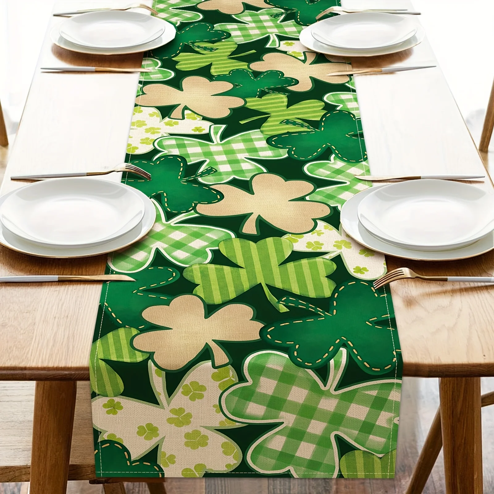 1-teiliger Tischläufer mit kariertem Kleeblatt, 2D-Einzeldruck, grün, Heimdekoration, Glückszubehör, stilvoll, funktionell, langlebig mit St. Patrick-Themen