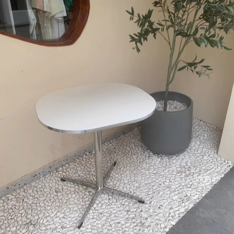 

Mid-Century Solid Wood Dining Table Stainless Steel Coffee Tables Korean Oval Coffee Desk Home Office Workstation for Bedroom