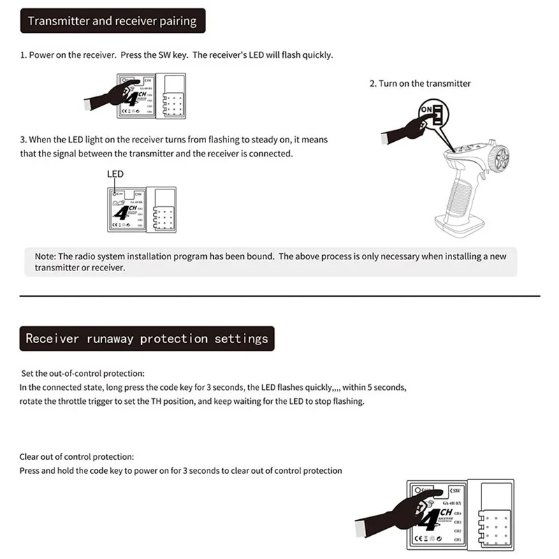 BEDW-4X GA-4H-TX TX4 2.4Ghz 4CH 무선 시스템 송신기 컨트롤러 원격 제어 (RC 자동차 보트 탱크 크롤러 용 수신기 포함)