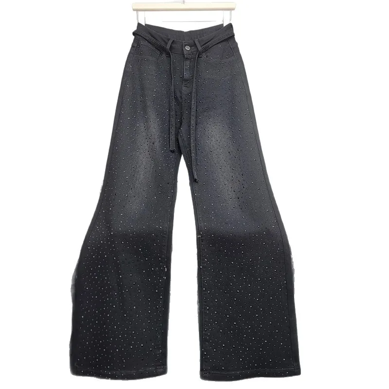 Diamond Drape Jeans Women's 2025 Spring and Autumn New Loose Wide-leg Design Fashion Straight Floor Pants Black Women Jeans
